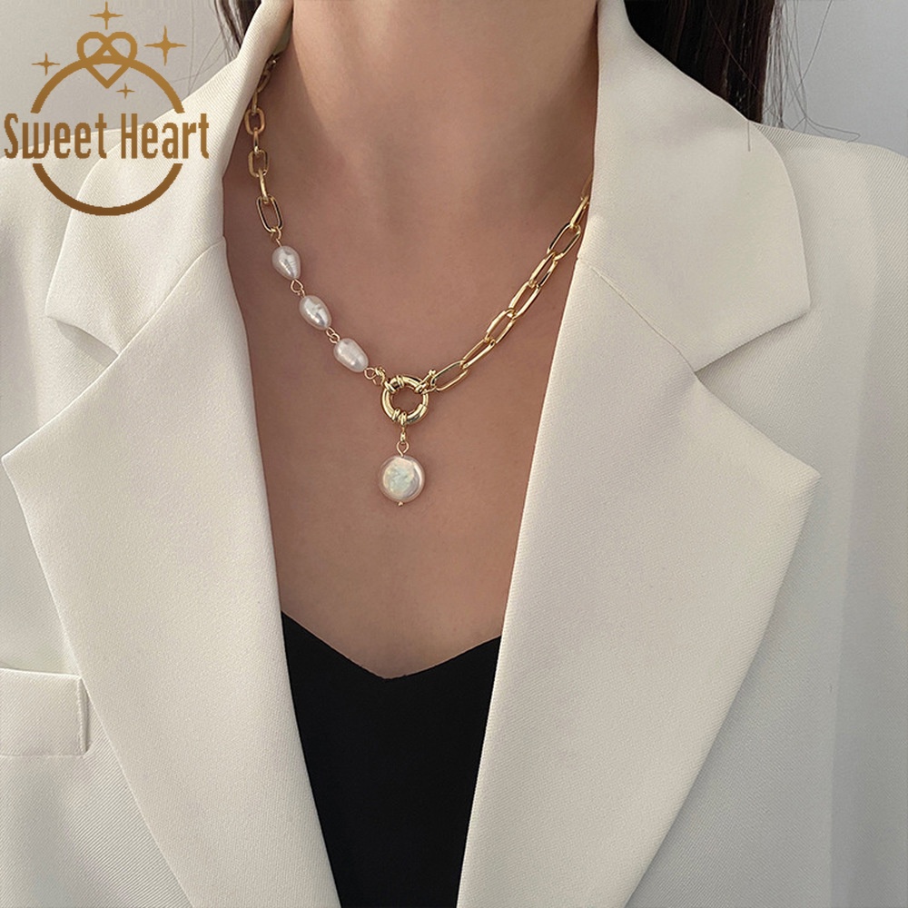 Baroque Pearl Pendant Necklace Asymmetric Clavicle Chain Vintage Women Ladies Alloy 2021 New