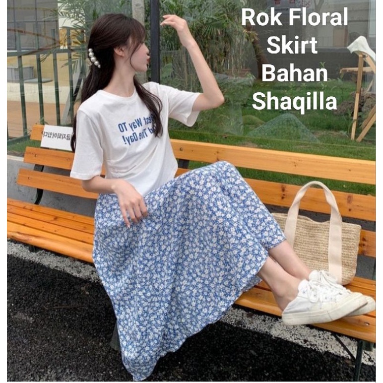 Rok Wanita Floral Skirt A Line/Bahan Shaqilla/Sq Daisy &amp; Sq Lily Ad 2 Ukuran L-XL/Rok Wanita Korean Style/Rok Wanita Midi/Rok  Motif Bunga