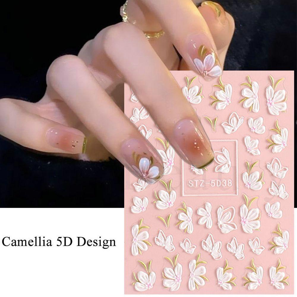 Stiker Kuku Nanas Manicure Decor Sliders White Camellia Relief Nail Art Sticker