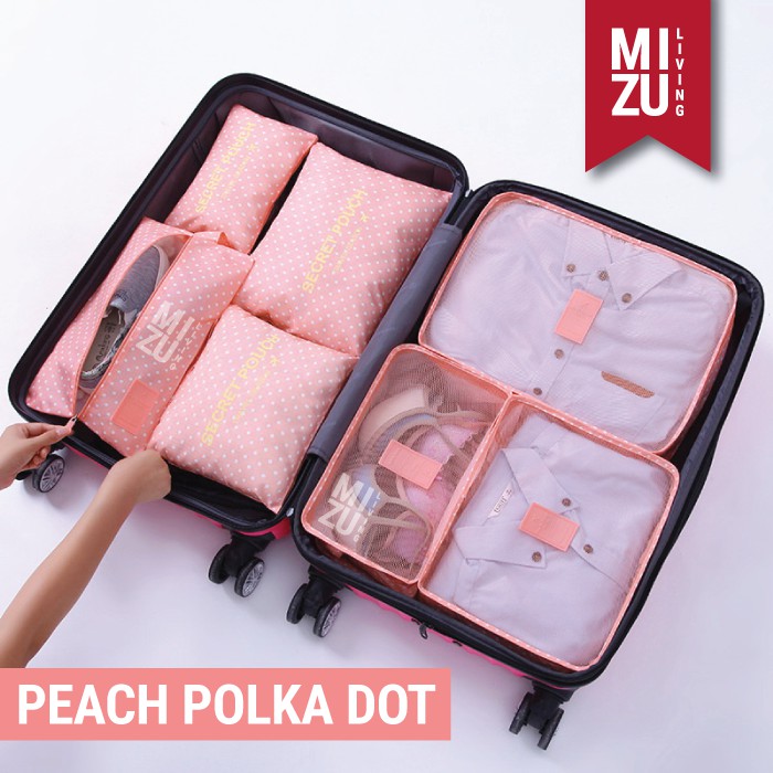 SECRET POUCH Travel Packing Cubes 7in1 Storage Bag Organizer Tas Koper MOTIF-PEACH Polka Dot