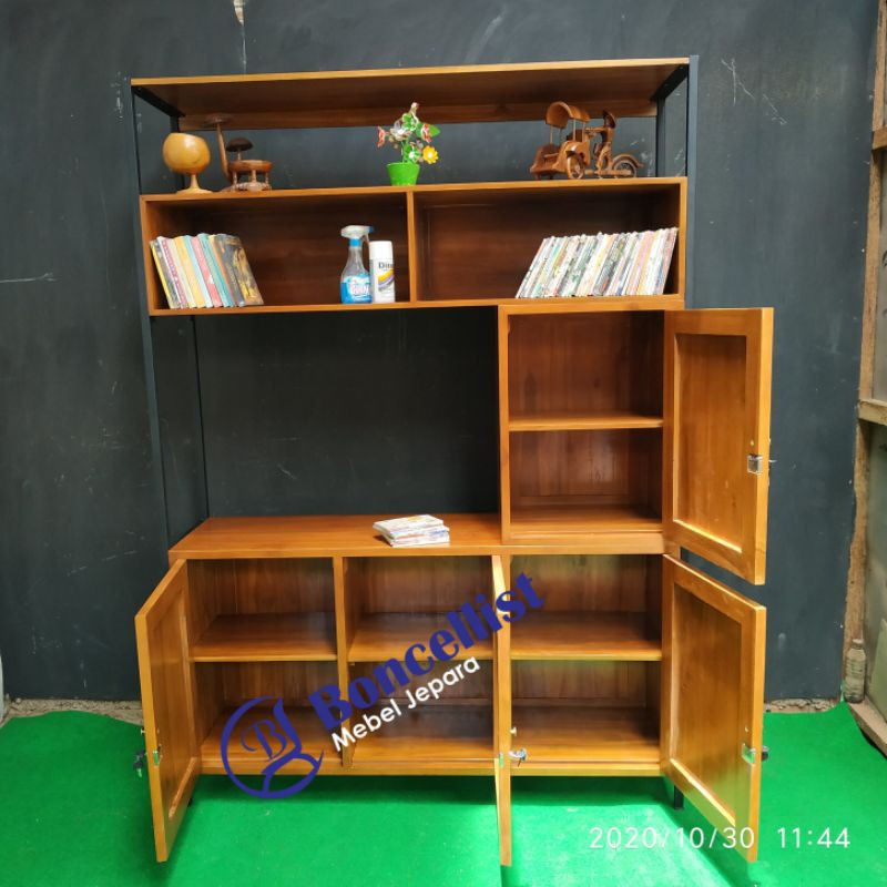 lemari serbaguna buat tv, lemari buku, rak dapur bahan kayu jati combinasi besi holo