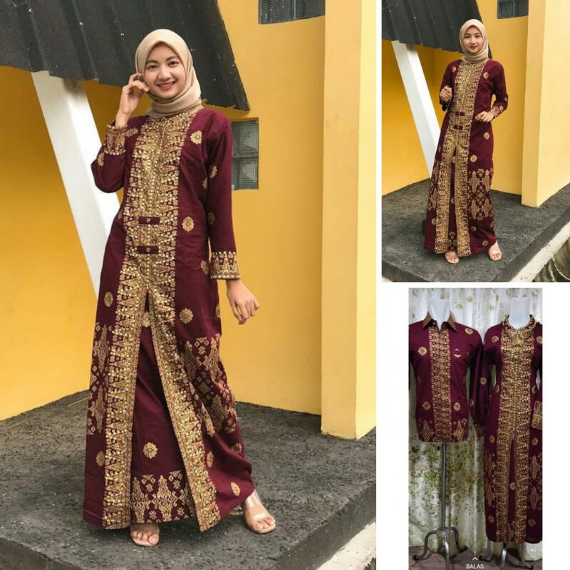 GAMIS BATIK SONGKET PALEMBANG MARON DRESS WANITA MODERN COUPLE PESTA KONDANGAN PASANGAN SUAMI ISTRI 