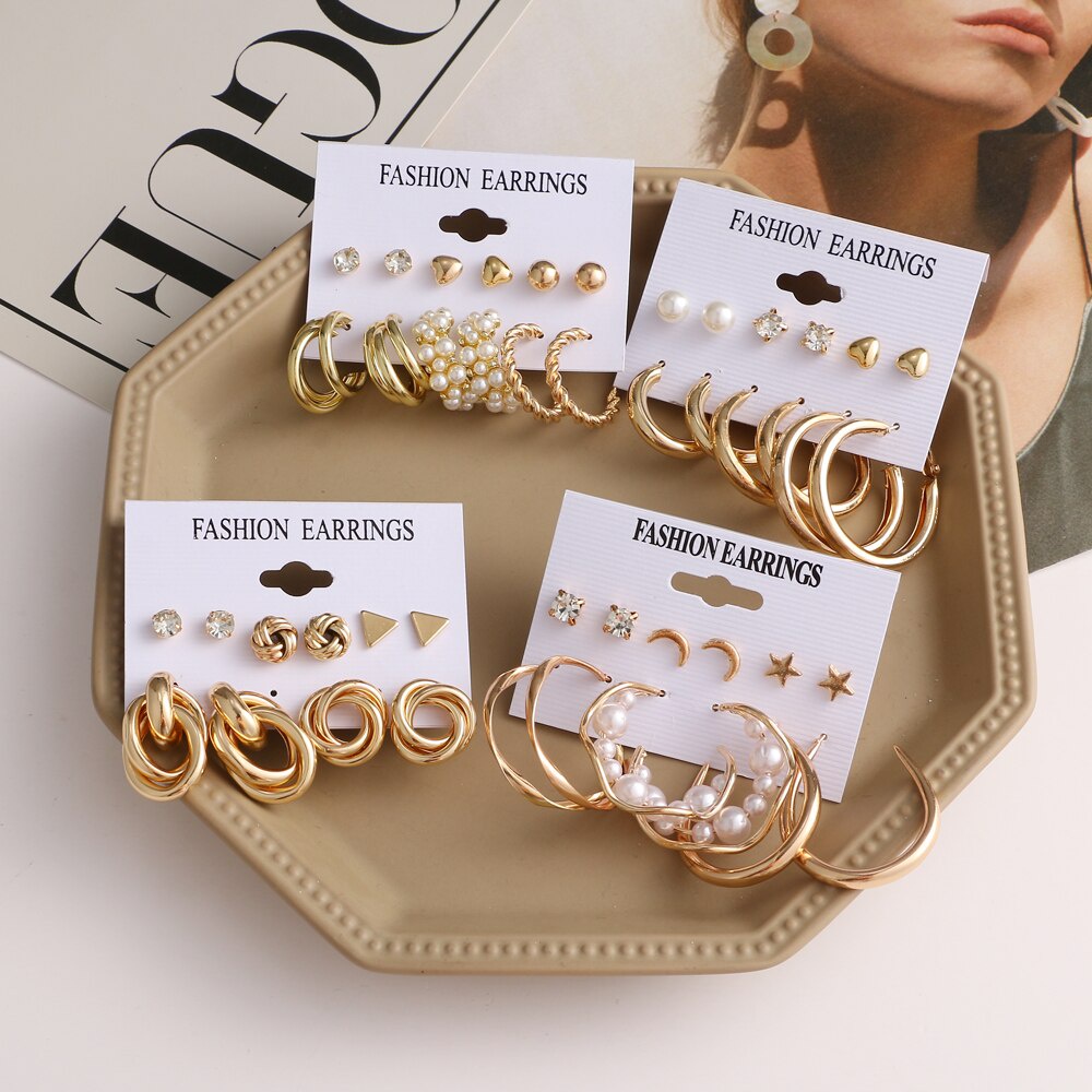 10pcs/set Pearl Metal Drop Earrings Set Fashion Women's Acrylic  Korean Geometric Twisted Metal Round Dangle Earrings Jewelry Party Gift