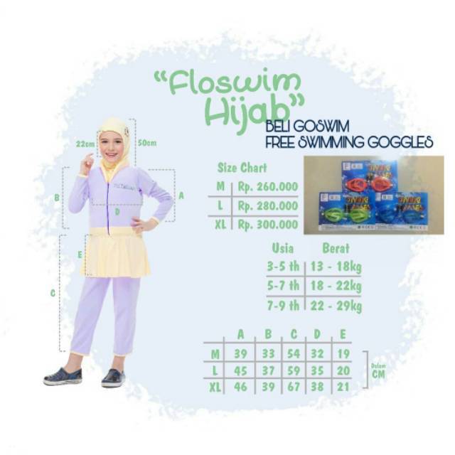 Floswim hijab Muslimah anak baju renang pelampung Free Kacamata Renang