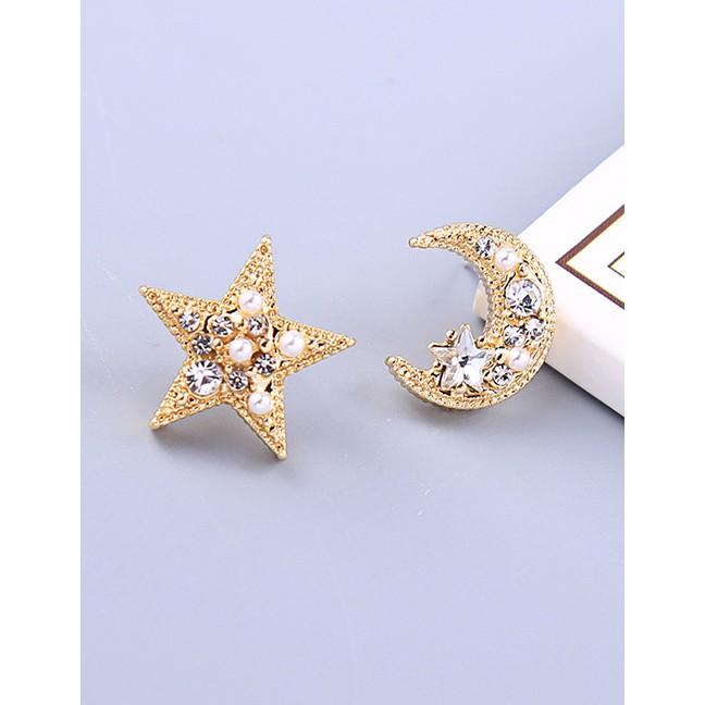 LRC Anting Tusuk Fashion Xingyue Earrings Crystal Diamond S925 Sterling Silver Star Moon Asymmetric