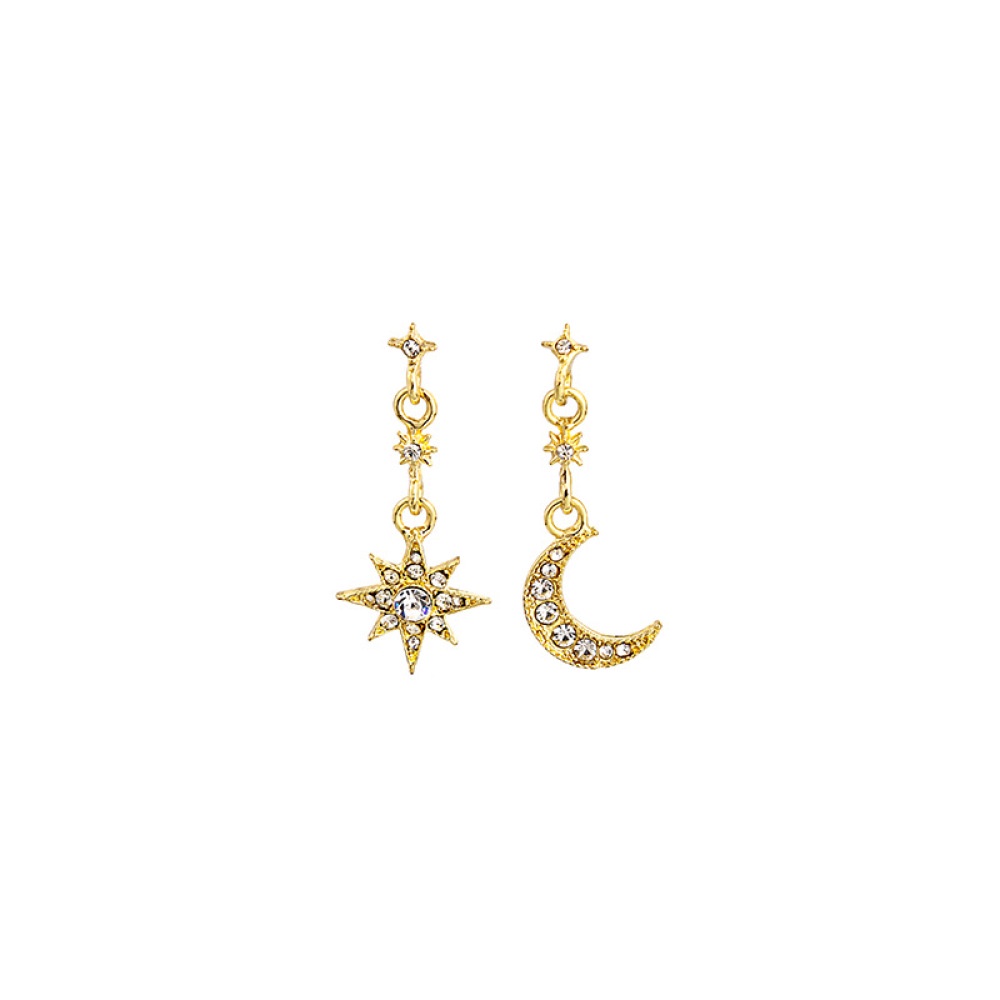 Anting Tusuk Gantung Asimetris Desain Bulan Sabitbintang Warna Gold Hias Kristal Untuk Wanita