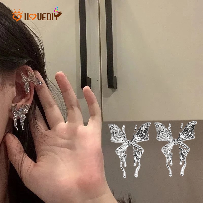 Anting Stud Desain Kupu-Kupu Cair Bahan Metal Gaya Punk Korea Untuk Wanita