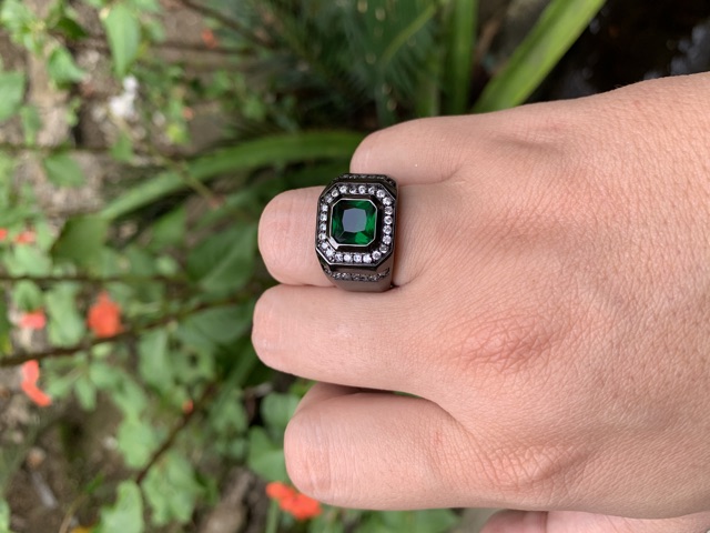 Cincin Pria Akik Zamrud Green Emerald Black Platted Mewah Minimalis Kantoran