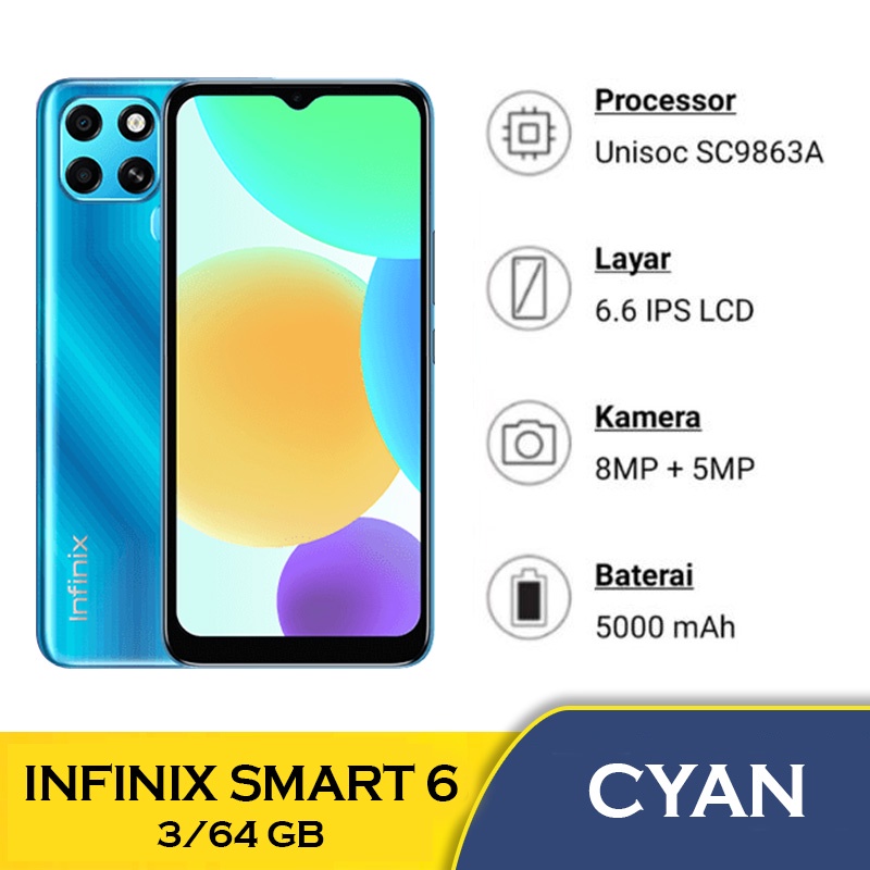 Markas Hp ✪ Bisa Cicil & COD ☑ Hp Infinix Smart 6 2 32 GB - Infinix Smart 6 3 64 GB | Smart 6 Plus NFC 2/32 GB Garansi Resmi Infinix Hp Baru-S6 3/64 Cyan
