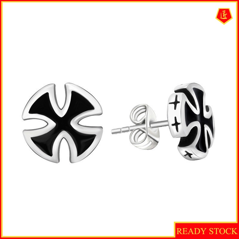 [Ready Stock]Retro Personality Men's Silver and Black Stud Earrings