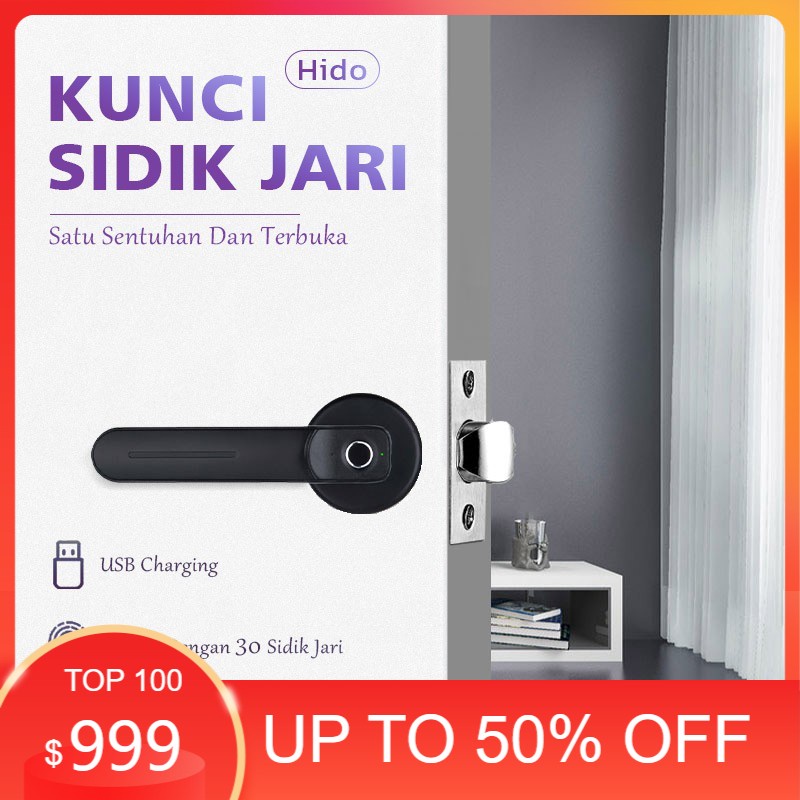 HIDO digital Handle Kunci Pintu rumah Elektronik Fingerprint smart Door Lock Security USB charge