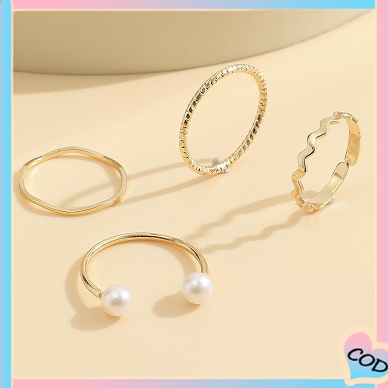 COD❤️ 4 Pcs/set Korea Cincin Emas Untuk Wanita Sederhana Mutiara Elegan Cincin Set Dapat Disesuaikan Terbuka Perhiasan Hadiah-A.one