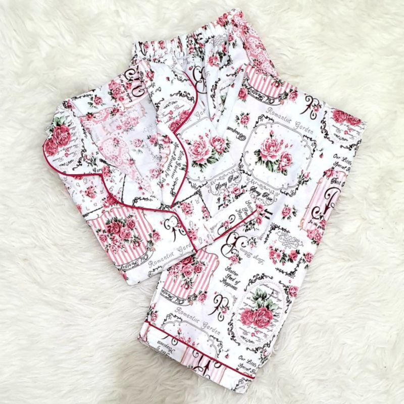 Baju tidur wanita piyama CP bahan soft katun premium adem lembut all size-Bunga pink