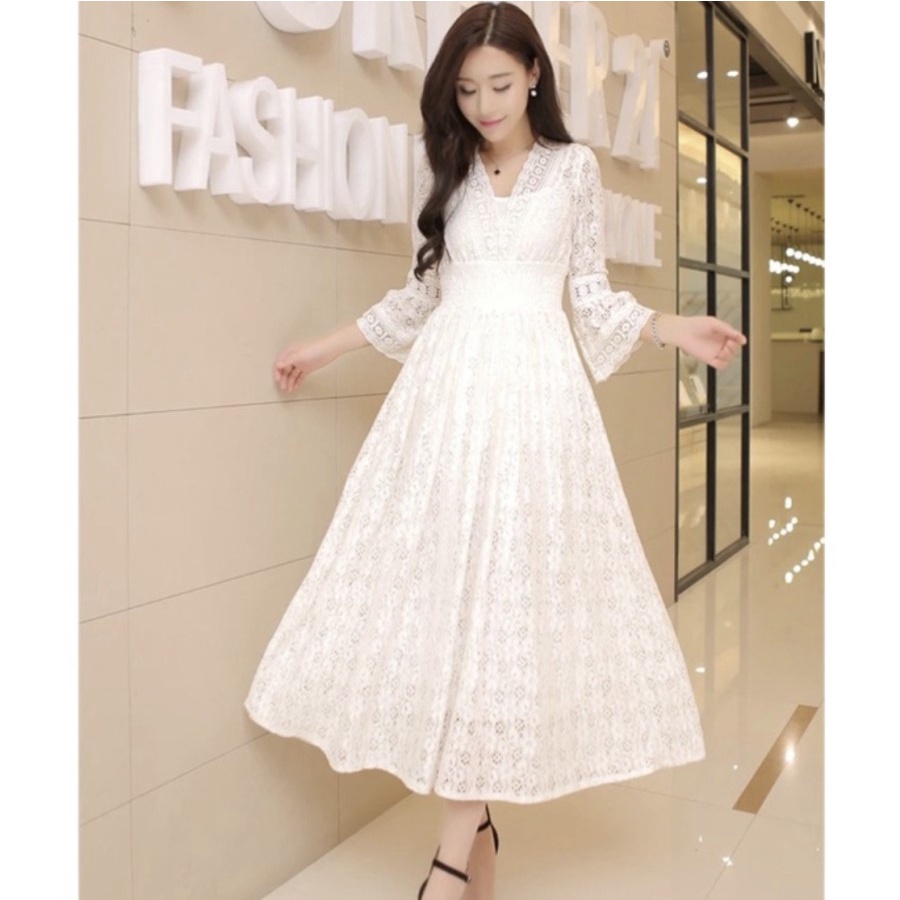 BEACH BRUKAT PREMIUM LACE KARET ALL SIZE WHITE NEW ARRIVAL MIDI DRESS