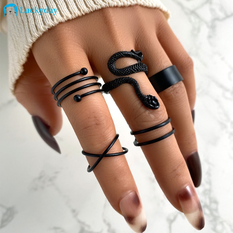 YEEZII 5pcs / Set Cincin Model Ular Warna Hitam Untuk Wanita