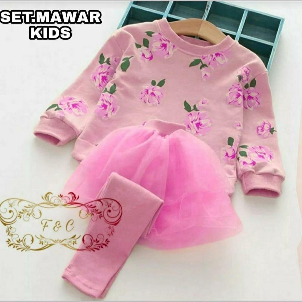 PCS SET MAWAR KIDS FASHION PAKAIAN ANAK PEREMPUAN SETELAN ATASAN DAN CELANA BAHAN BABYTERRY FE