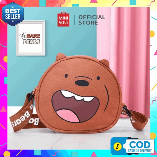 0 Miniso Tas Selempang Wanita Sling Bag Karakter Lucu We Bare Bears - Cokelat