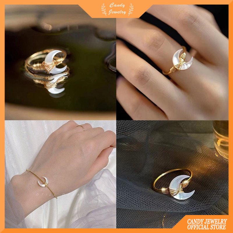 Cincin Emas Putih Desain Bulan Sabit Hias Batu Giok Gaya Klasik Untuk Wanita