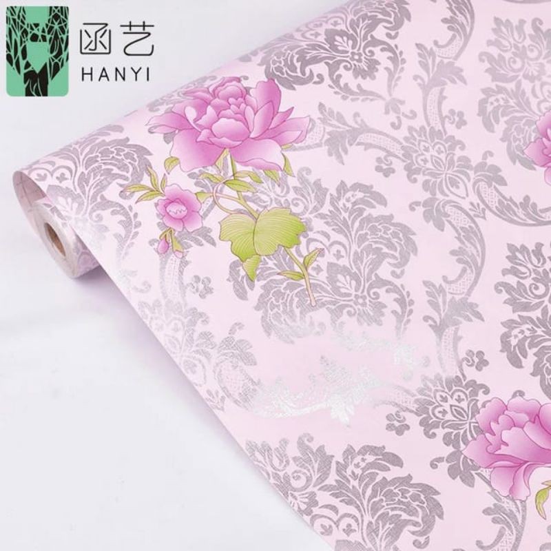 WALLPAPER DINDING MOTIF BATIK SILVER BUNGA PINK 10m x 45cm