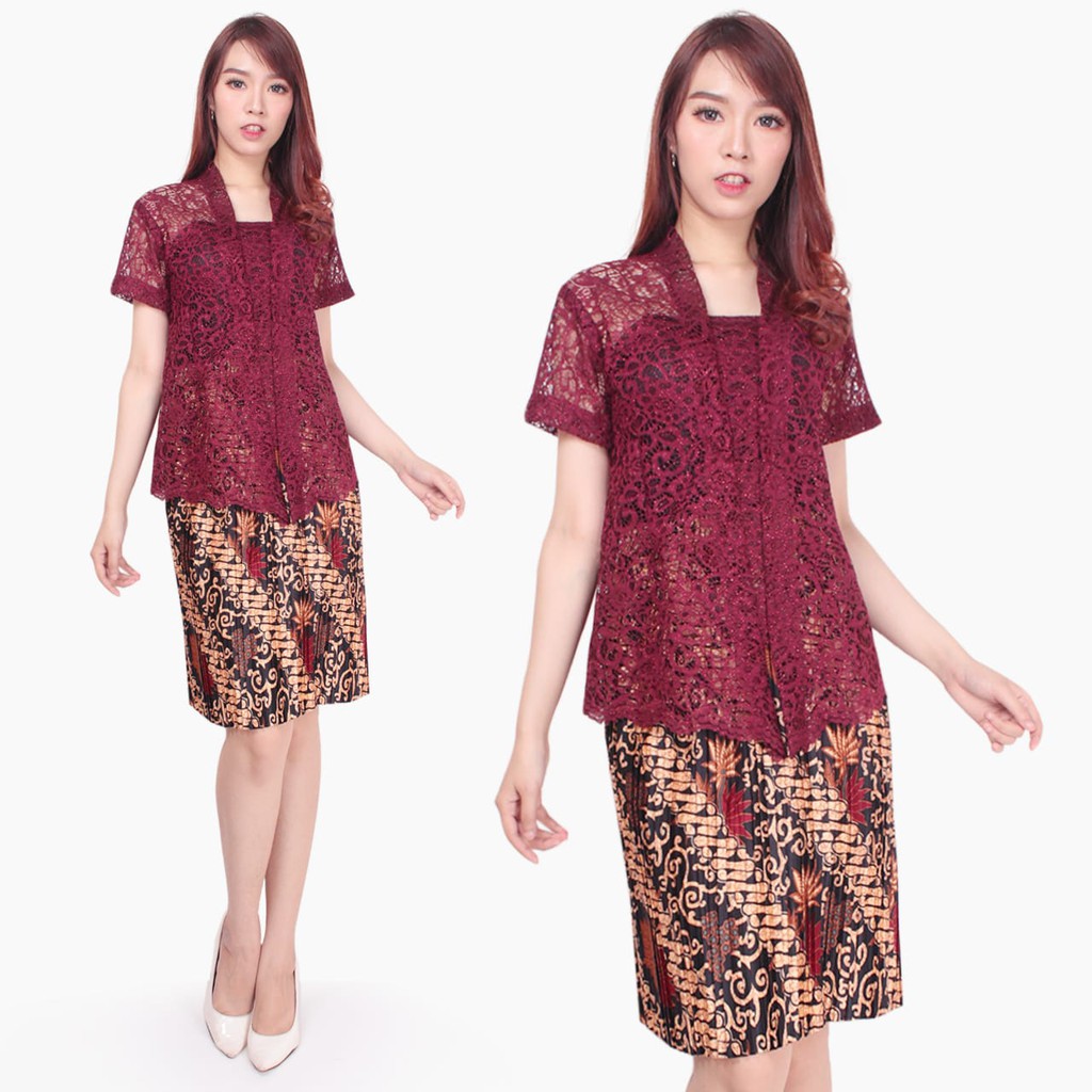 SB Collection Stelan Kebaya Yulvina Blouse Brukat Dan Rok Plisket Midi Batik Wanita