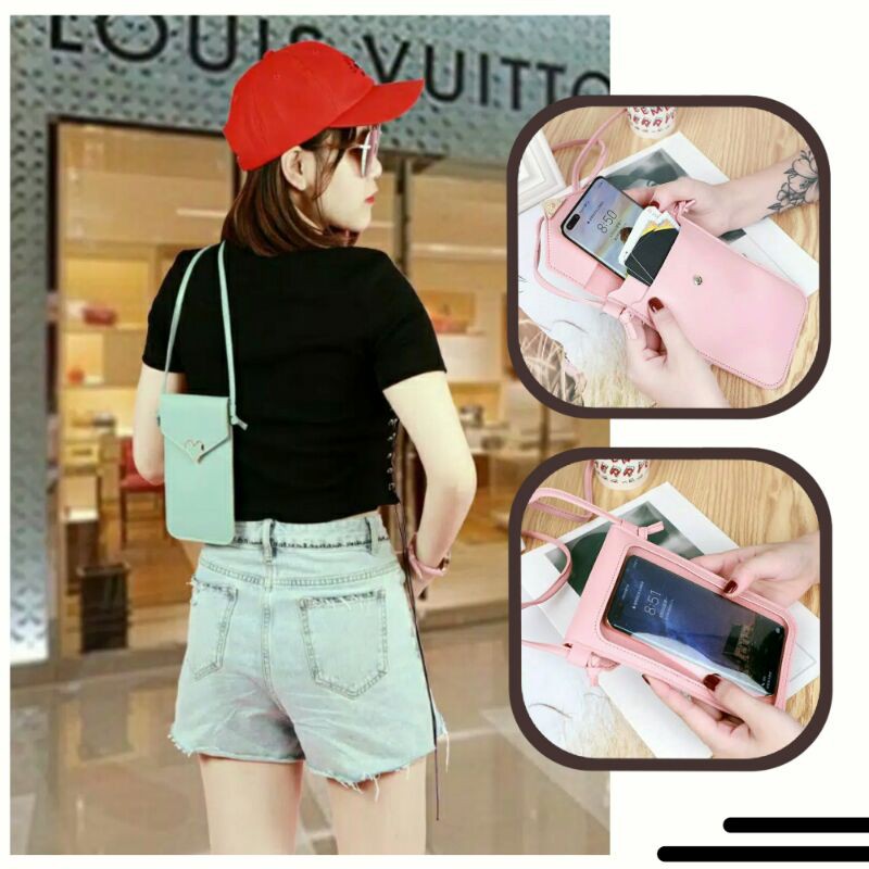 Tas Selempang HP Transparan Wanita Bentuk Hati Ukuran Mini/Tas Travelling Cewek Anti Air/Sling Bag