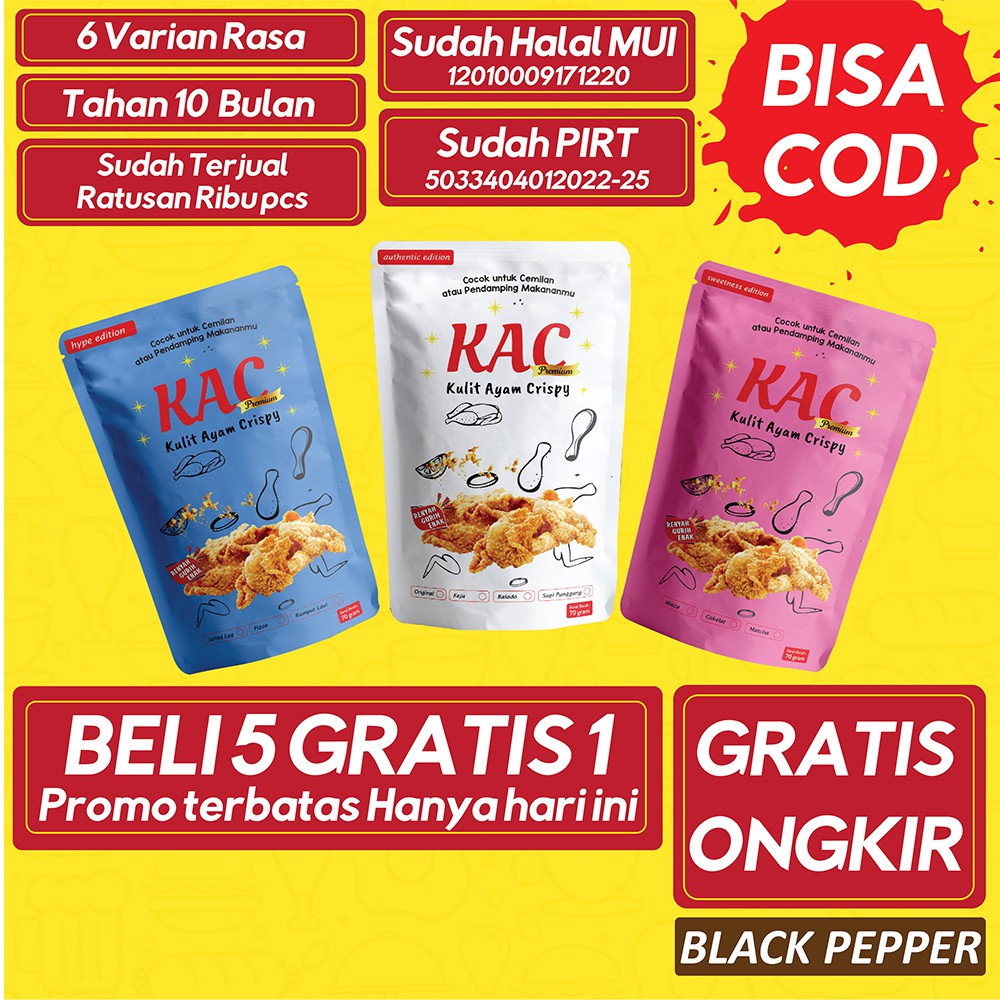 

Kulit Ayam Crispy KAC Bumbu Black Pepper Best Seller Kripik Snack Cemilan Kekinian Murah Enak Halal