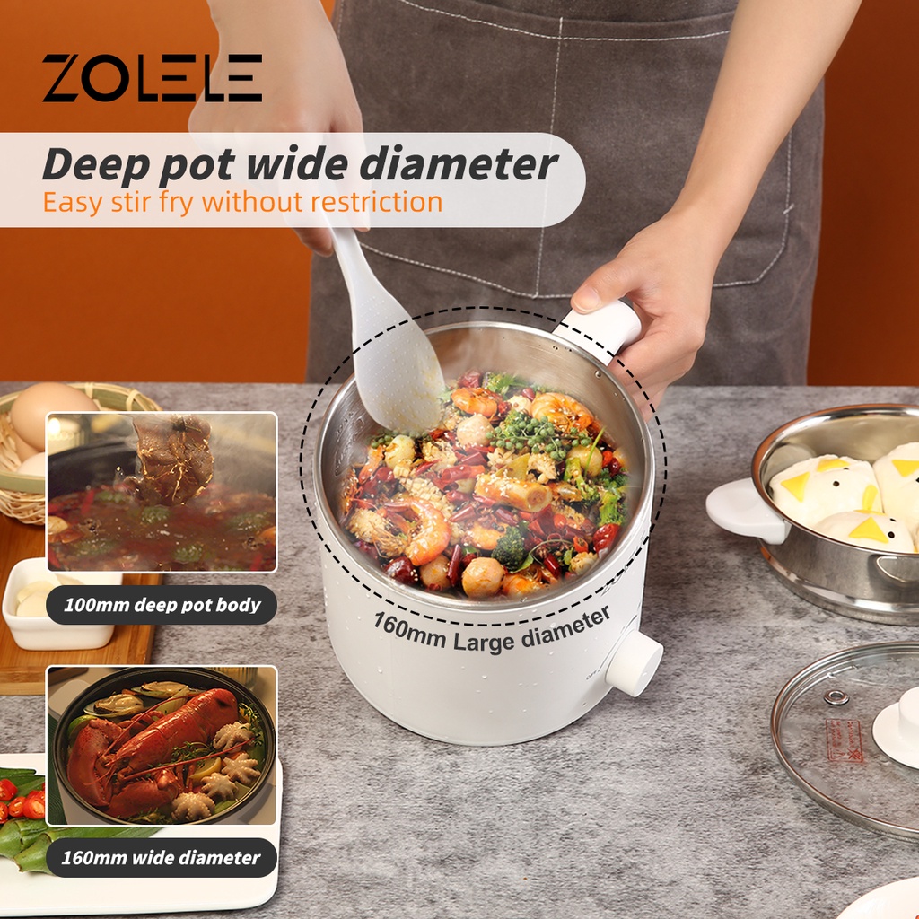 ZOLELE Panci Listrik Serbaguna 2-Layer 1.6L Elektrik Pressure Cooker Low Watt Steamer 4 in 1 Food Frypan Hotpot with Gagang Anti Melepuh Portable Non-stick Peralatan Dapur Home Kitchen ZC301