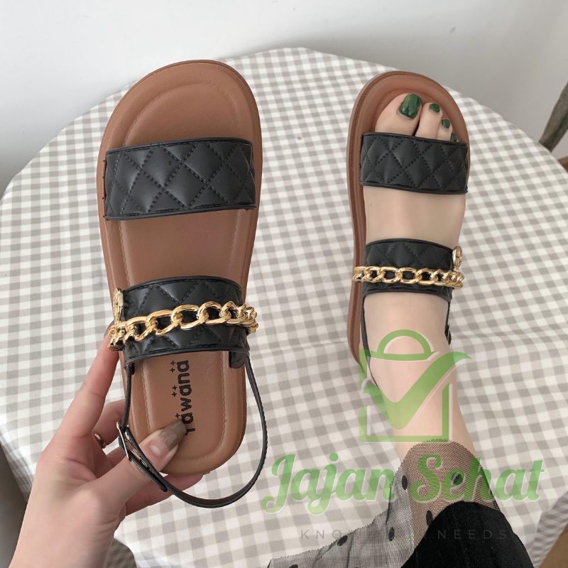 Sandal Tawana Women Casual Tali 2in1 Gold Chain Sendal Wanita LD25