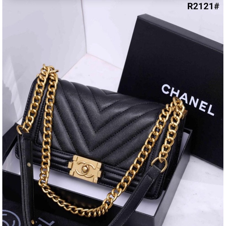 285, Chanel Boy V 25cm Caviar Leather Bag Included Box Kode R2121#