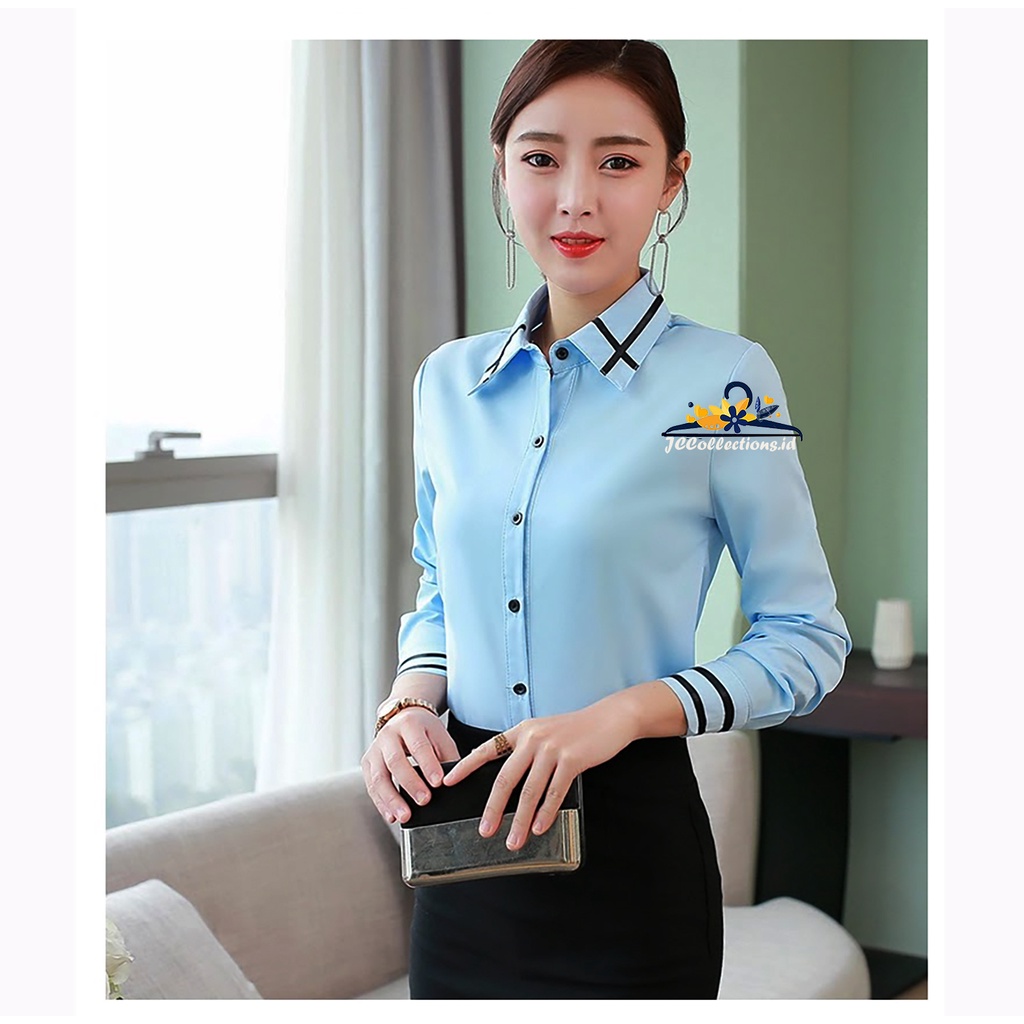 Kemeja Lengan panjang Gaya Korea variasi Mutiara Arsita LS / Kemeja Wanita Oversize Satin - JCCollections