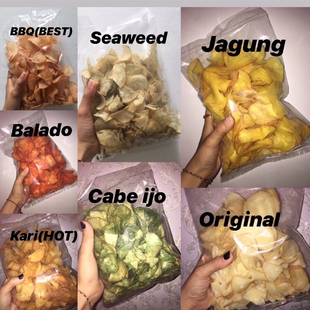 

Keripik ubi 6 varian ( ori,balado,jagung,seawed,kari,bbq,cabe ijo)