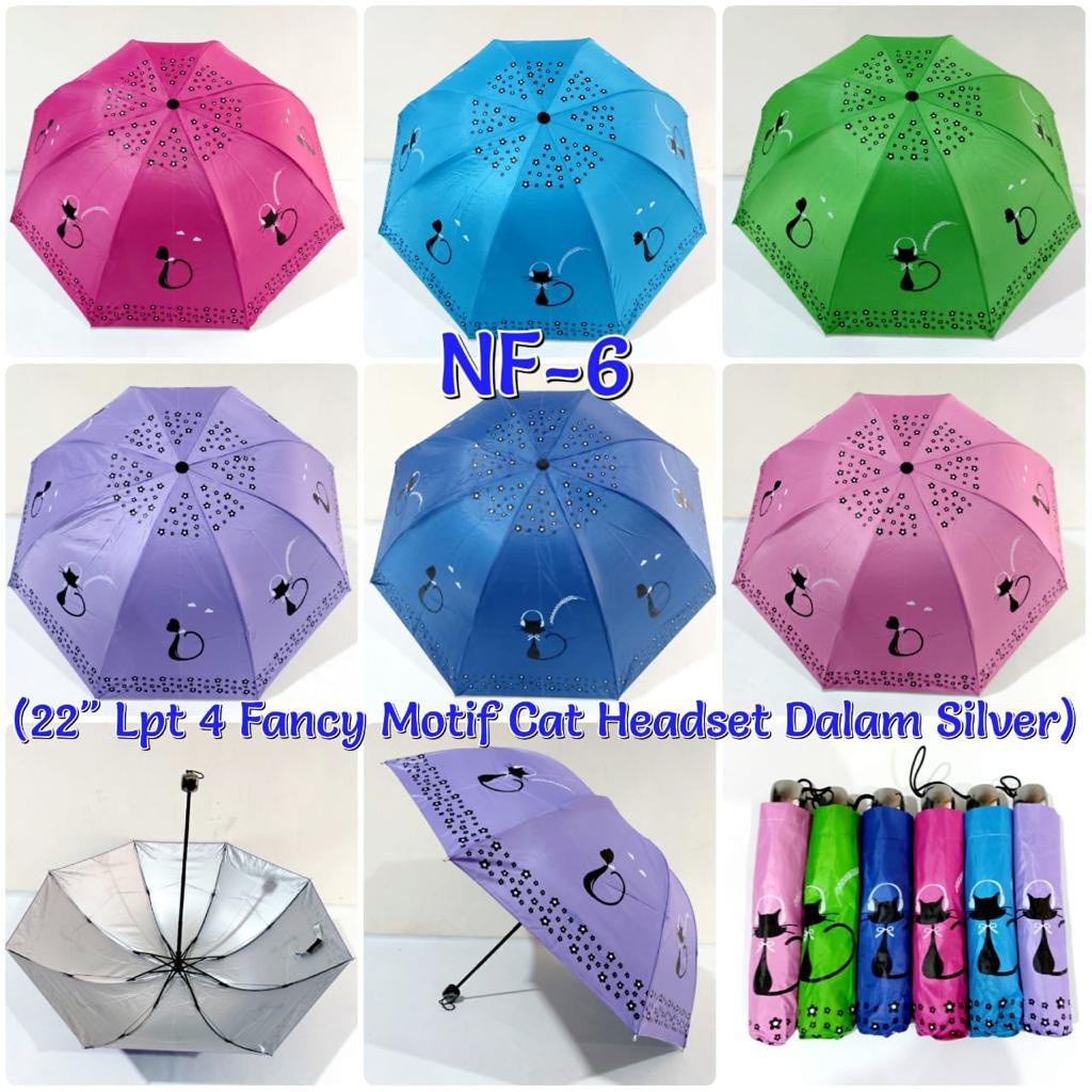 Payung Lipat 3 Anti UV Motif Kucing Headset Termurah