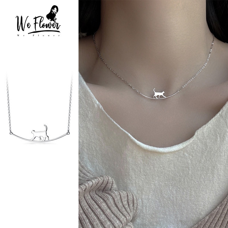 We Flower Kalung Choker Liontin Kucing Kecil Warna Silver Gaya Korea Untuk Wanita