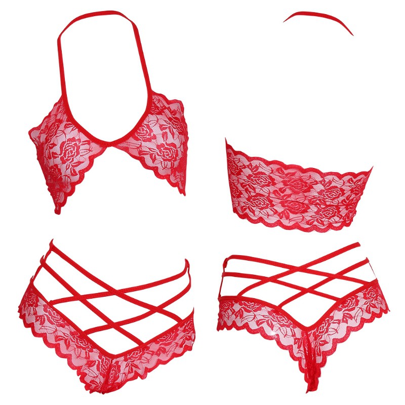 Women Woman Hollow Out Lace Top Bra + Cross Panty Underwear Lingerie Set 3 Warna