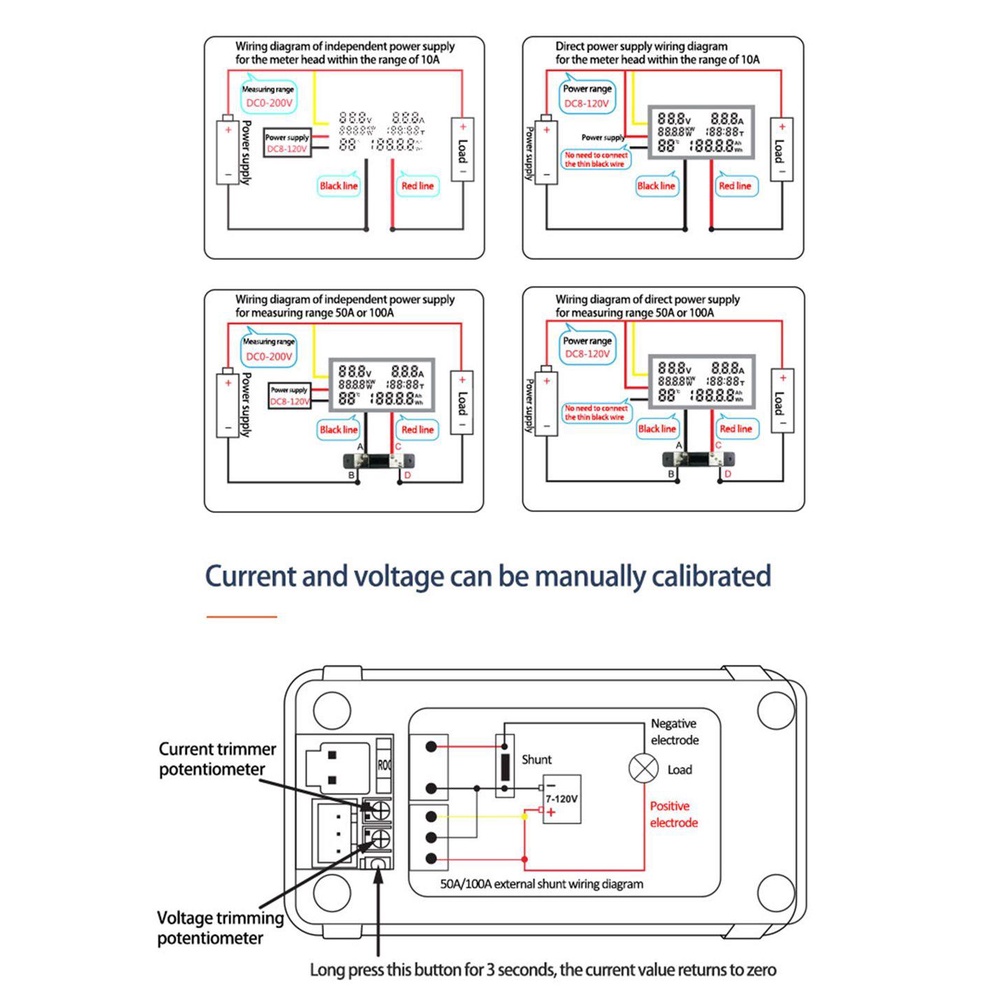 Solighter Voltmeter Ammeter Presisi Tinggi 0-100A Dengan Fungsi Reset DC Wattmeter