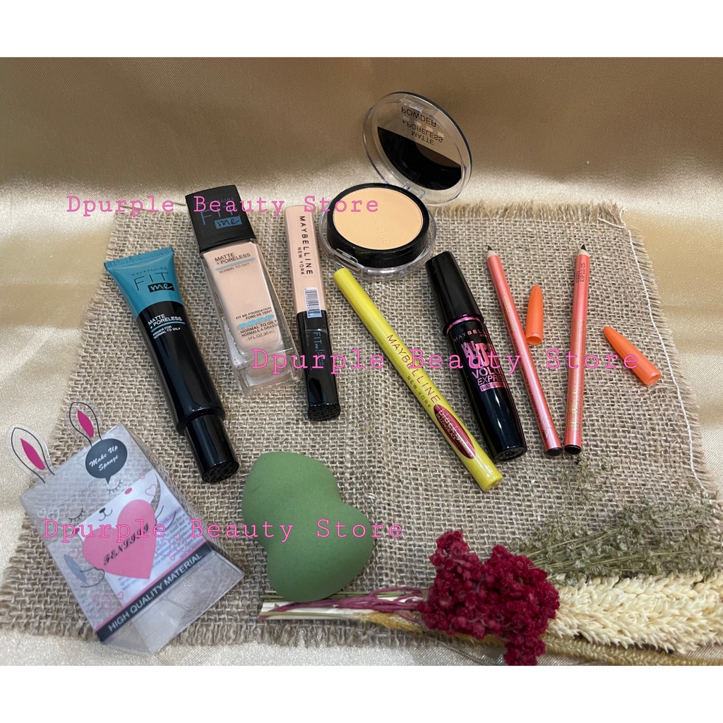 COD - Maybelline Fashion Week Set 9 in 1 - Paket Makeup Maybelline 9 in 1 - Bedak Padat - Fondation - Concealer - Primer - Maskara - Eyeliner - Lipcream - Pensil Alis 2 pcs Hitam &amp; Coklat - Gratis Beauty Blender / Spon Telur