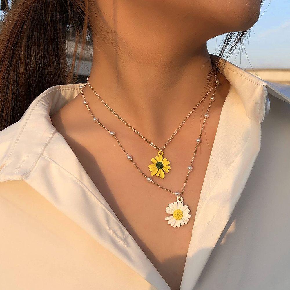 Kalung Bunga Daisy Nanas Bohemian Perempuan Ornamen Kerah Perhiasan Lapis Ganda