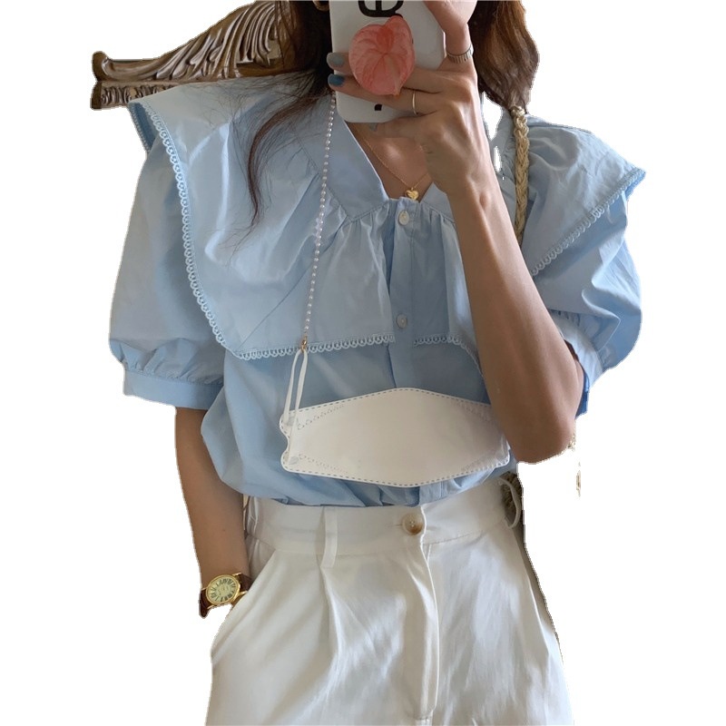 #Sisjuly# Kemeja Wanita Desain Baru Gelembung Wanita Lengan Pendek Atasan Tipis Gaya Hong Kong Pranc