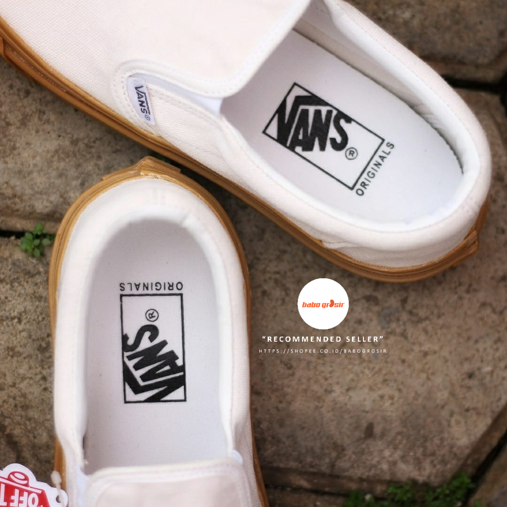 PROMO Vans Slip On White Rubber Gum Premium, Import Quality, Waffle DT Anti Slip, Upper Kanvas Krem, Tag Made in China