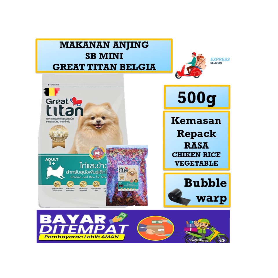 

IKUNG PETSHOP | Makanan Anjing SB mini GREAT TITAN Rasa Chicken Rice Vegetable kemasan 500 gr - non pedigree