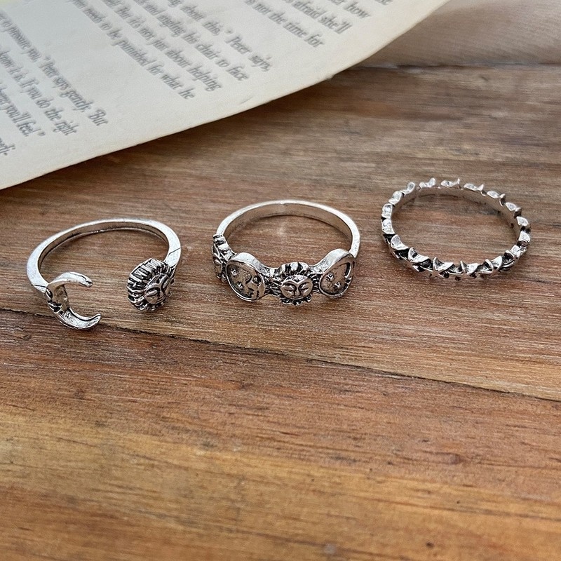 [3Pcs Set Fashion Vintage Punk Moon Stars Adjustable Rings For Women] [ Elegant Ladies Smooth Fine Thin Finger Ring] [Lovely Jewelry Gifts For Girl Friends]