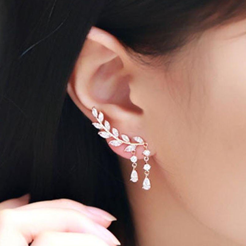 Anting Daun pop manis Korea meninggalkan anting kristal rumbai