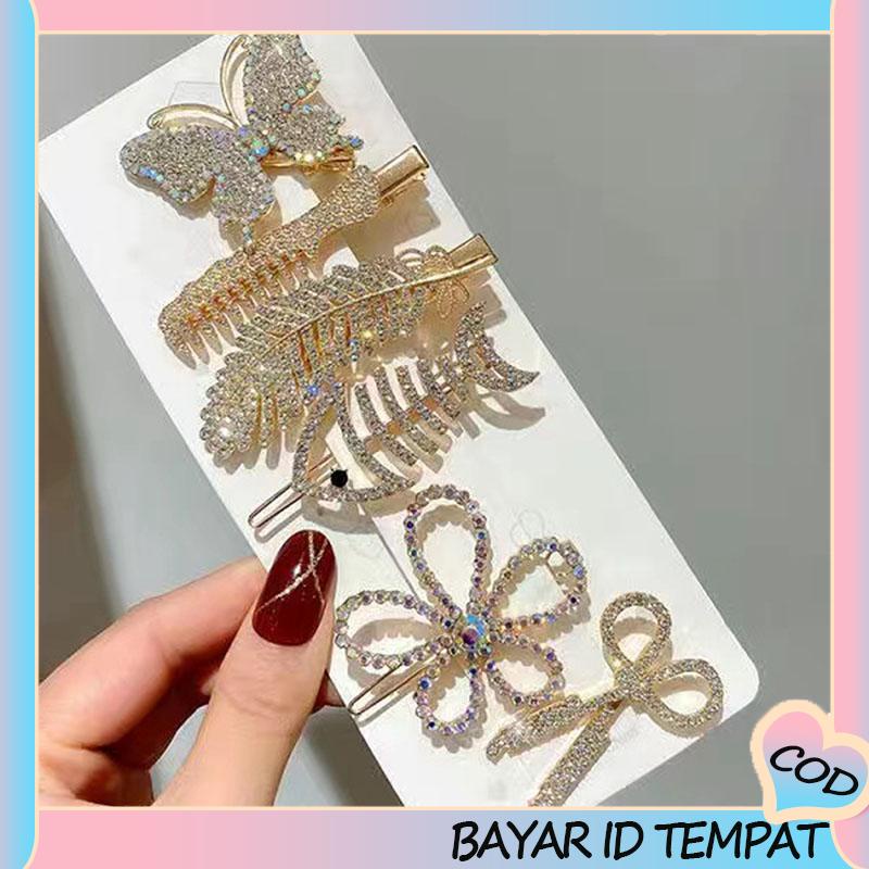 COD❤️ Fishbone Hairpin 6-Piece Set Aksesoris Rambut Vintage Set Dengan Diamond Pearl Edge Clip Bebek Paruh Clip-A.one