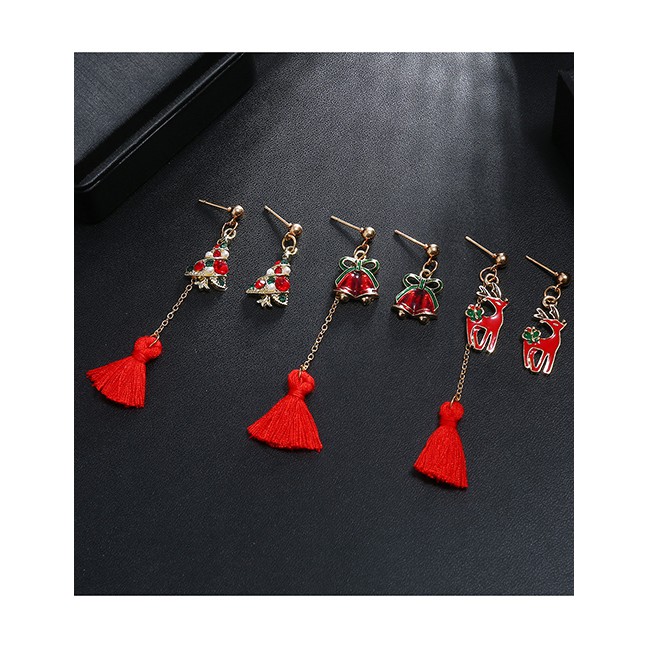 LRC Anting Tusuk Fashion Color Bell Cartoon Elk Bell Christmas Tree Tassel Earrings