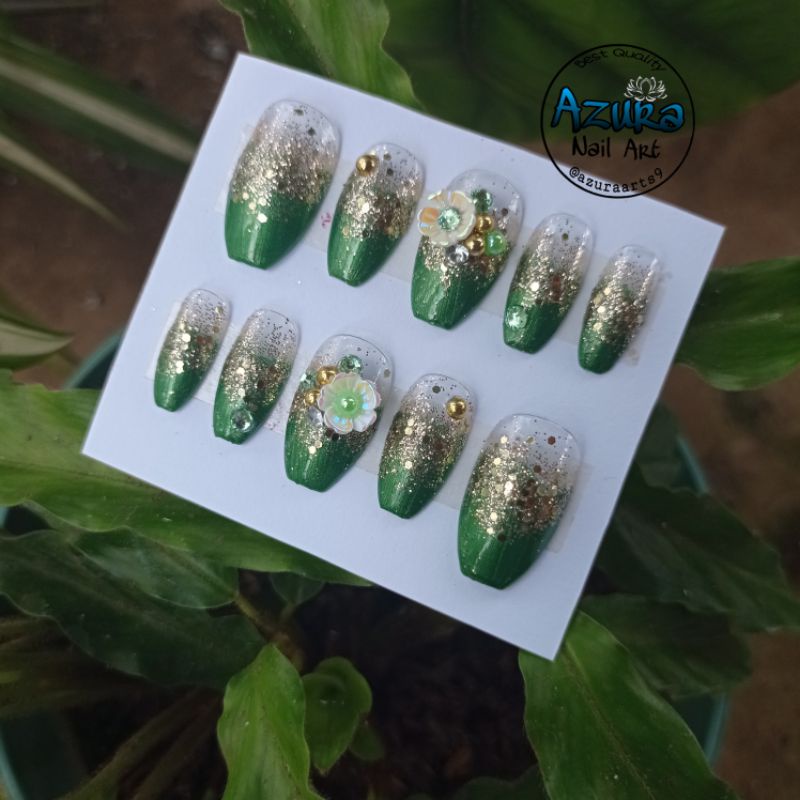 KUKU PALSU HIJAU MIX GOLD / NAIL ART / AGEN KUPAL WEDDING HOMEMADE