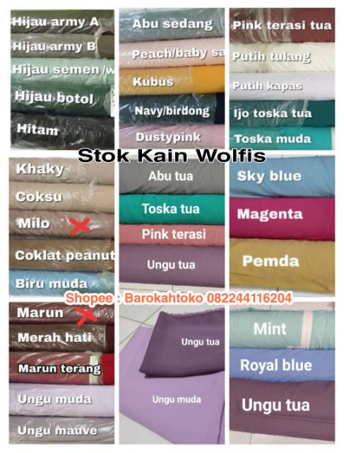 jual sampel warna/katalog Kain wolfis, Wollycrepe, moscrepe Mosscrepe dll