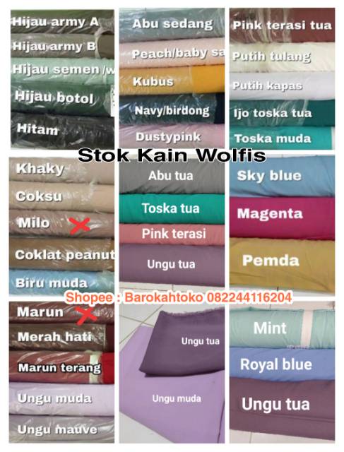 jual sampel warna/katalog Kain wolfis, Wollycrepe, moscrepe Mosscrepe dll