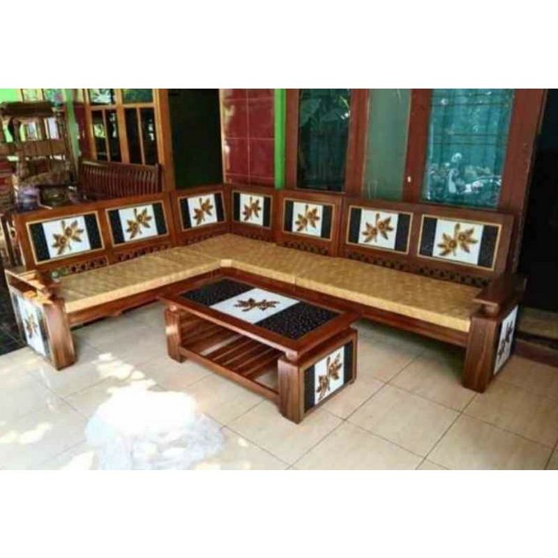 kursi tamu sudut jati lengkap busa