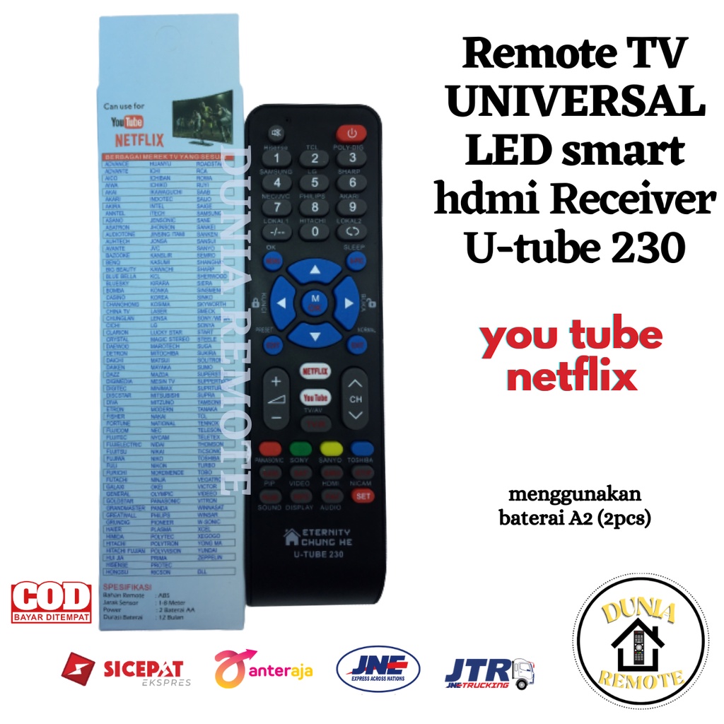 Remote TV LCD LED Multi Android SMART Youtube Netflix Receiver U-TUBE 230 untuk berbagai merk TV