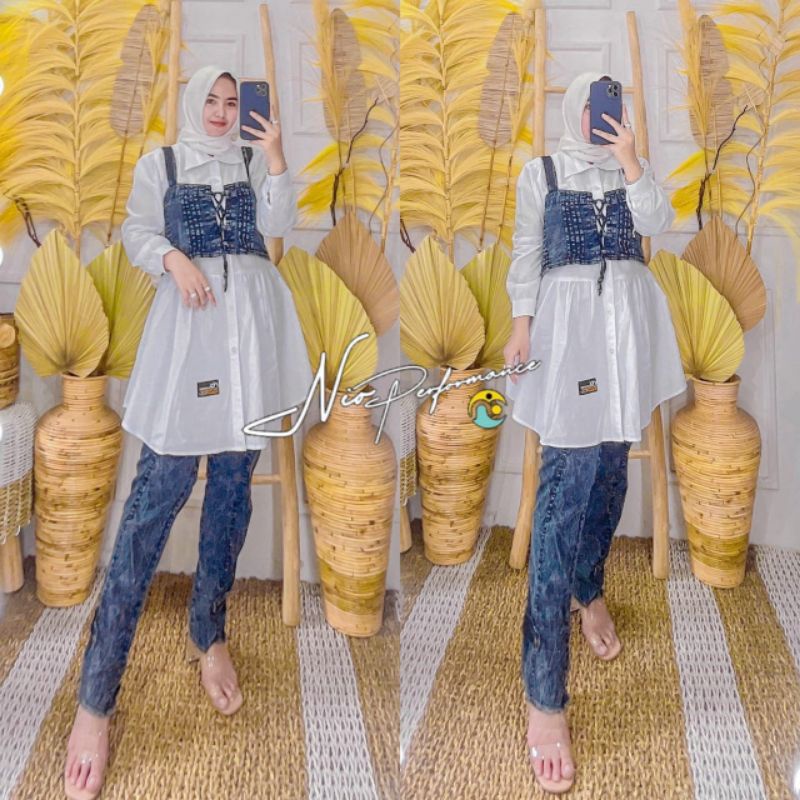 Set 3 in 1 tunik rompi jeans by Nio performance